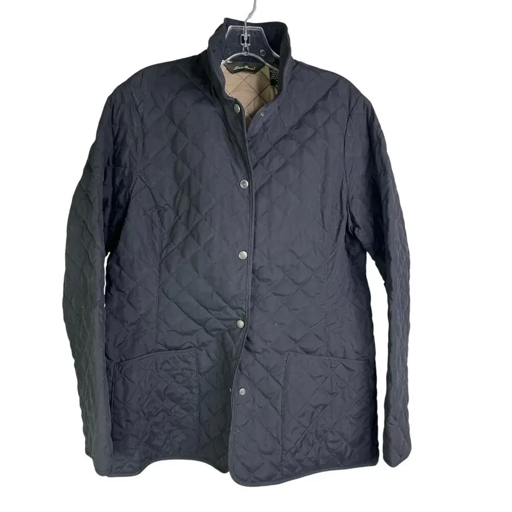 Eddie Bauer‎ Quilted Jacket Womens L Black Snap Button down Classic Outdoorsy